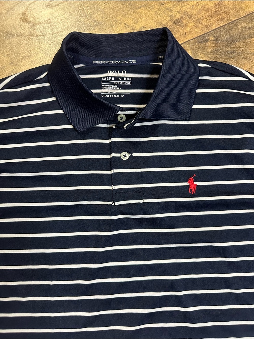 POLO Ralph Lauren Boys Navy & White Striped  Polo Shirt, Size L (14-16), EUC